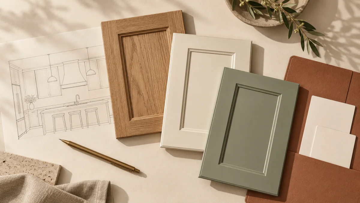 Oak, cream and sage cabinet samples beside a planning folder and kitchen drawing.