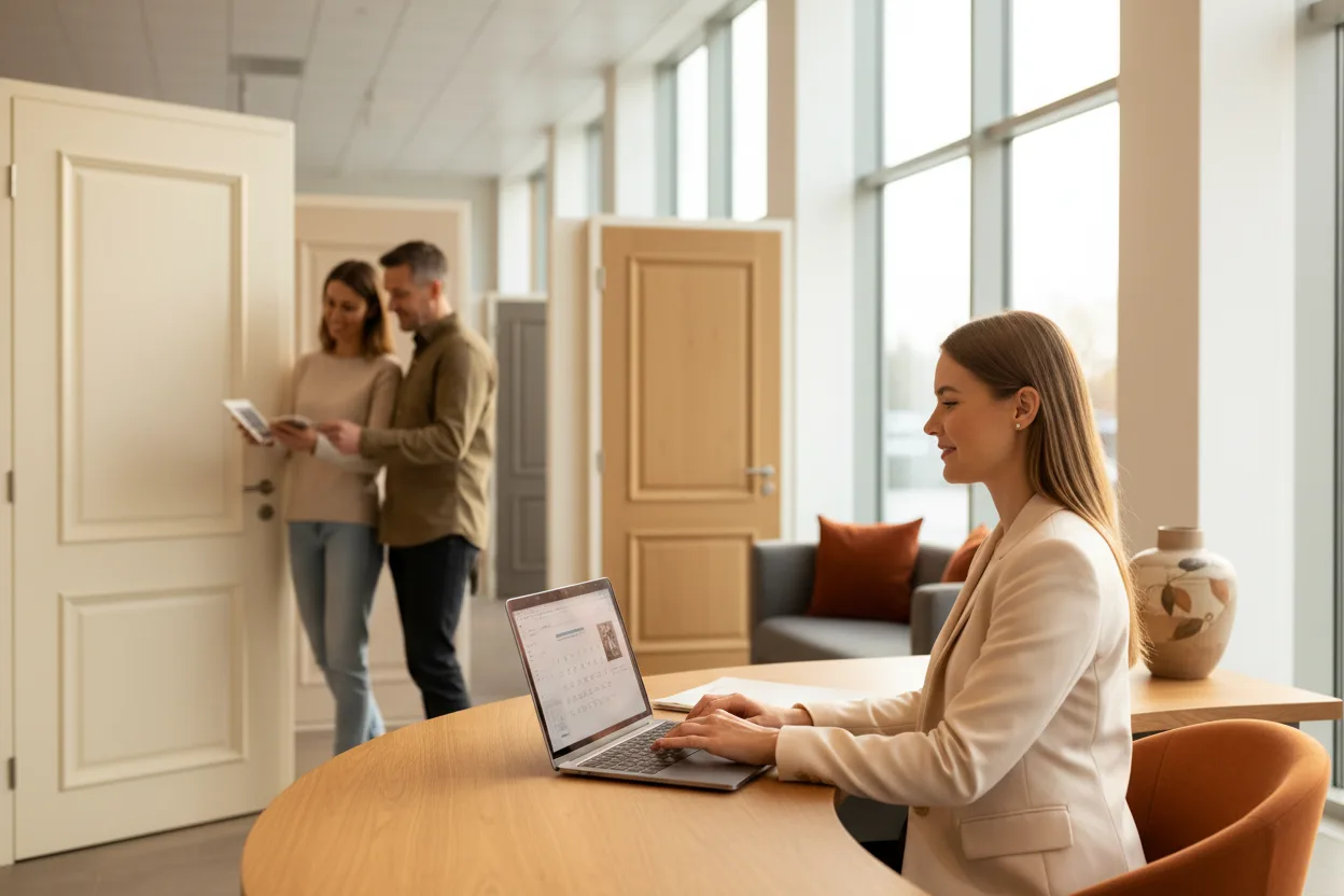 Showroom salesperson booking a design visit on a laptop while homeowners browse door samples