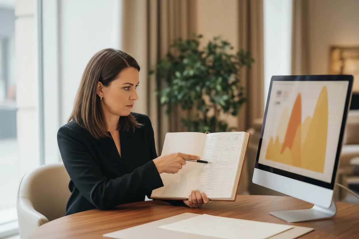Showroom manager comparing a sat-appointment notepad against a blurred vanity click chart