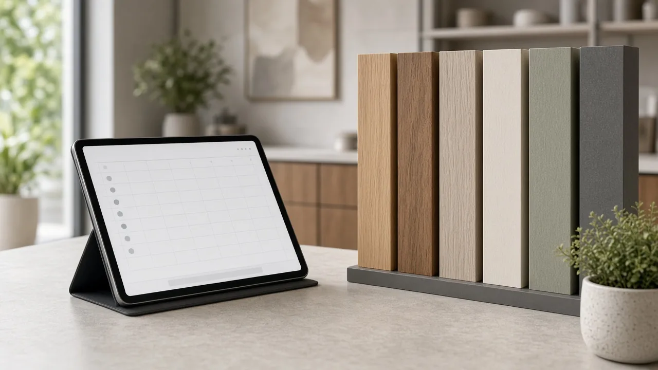 Complete Google Business Profile, review ask, and short booking form on a tablet beside cabinet display samples