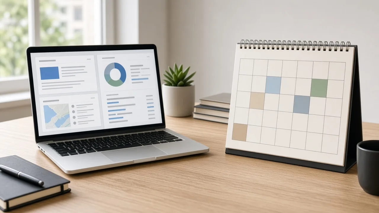 Paid Search and Local Services Ads dashboard beside a showroom appointment calendar marked with booked sits