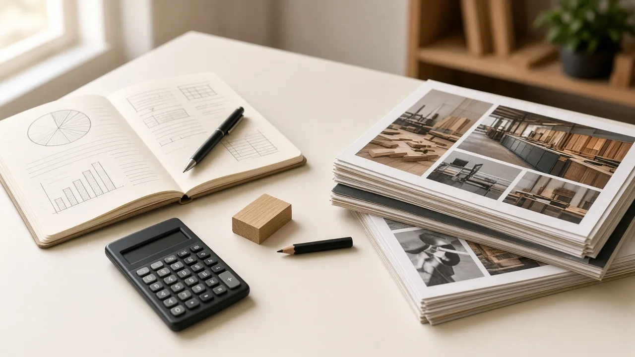 Cabinet shop owner setting a marketing budget from revenue and margins beside industry hub hire paths