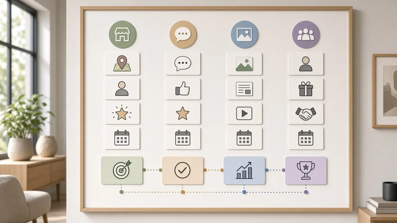 Ninety-day showroom plan wall: Google profile, reviews, content, referrals scored as kept floor appointments