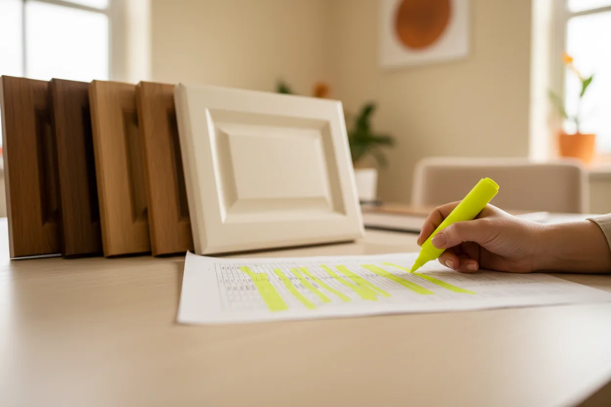 Cabinet dealer marking unwanted brand-research clicks on a blurred printout beside sample doors