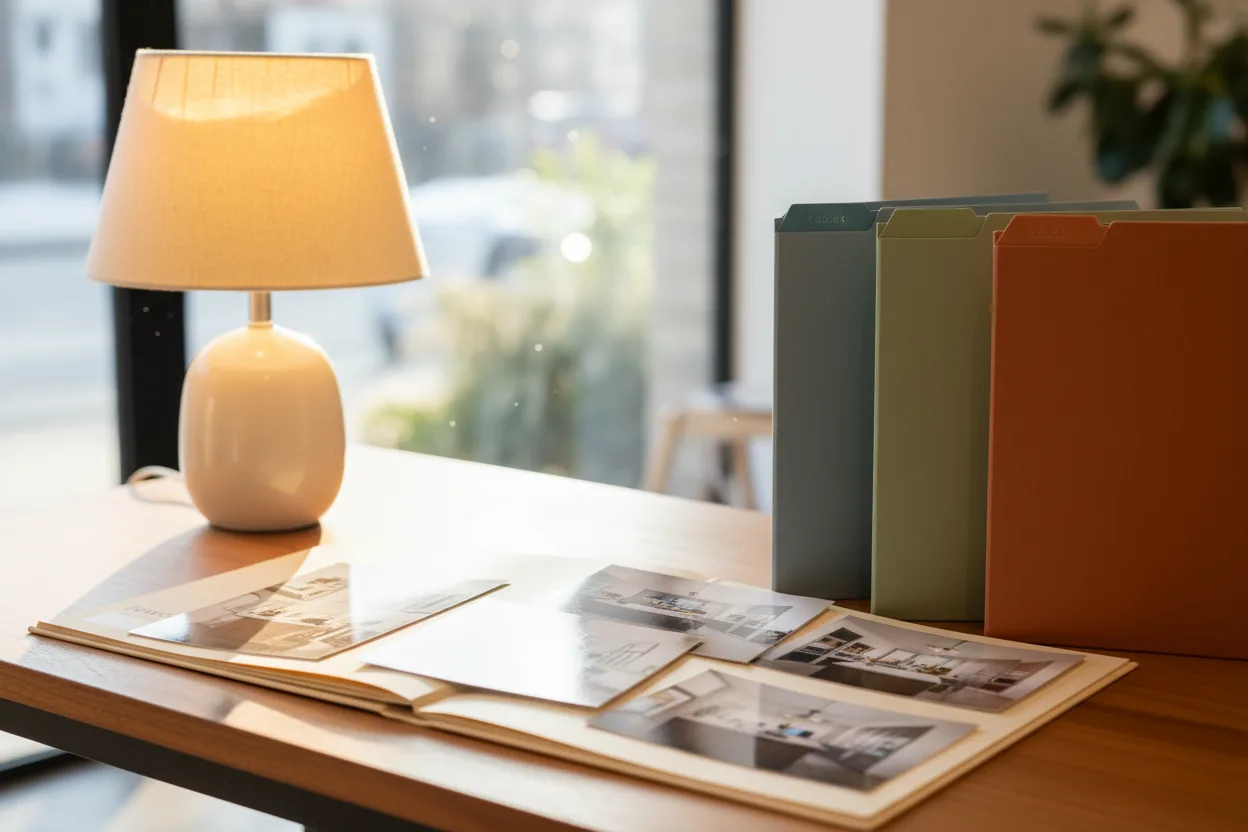 Remodel marketing desk with channel folders and kitchen job photos under warm lamp light