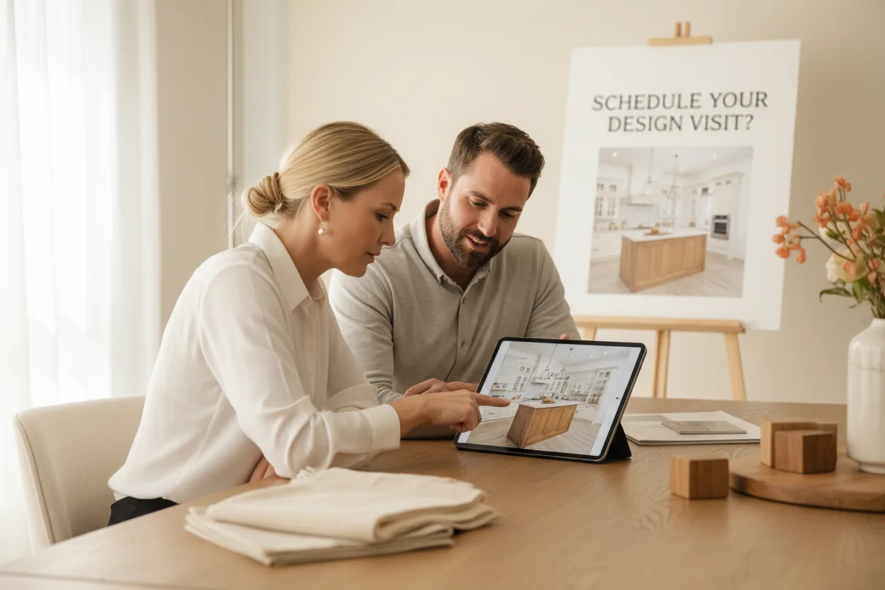 Remodeler and designer choosing a kitchen job photo for an ad that asks for a design visit
