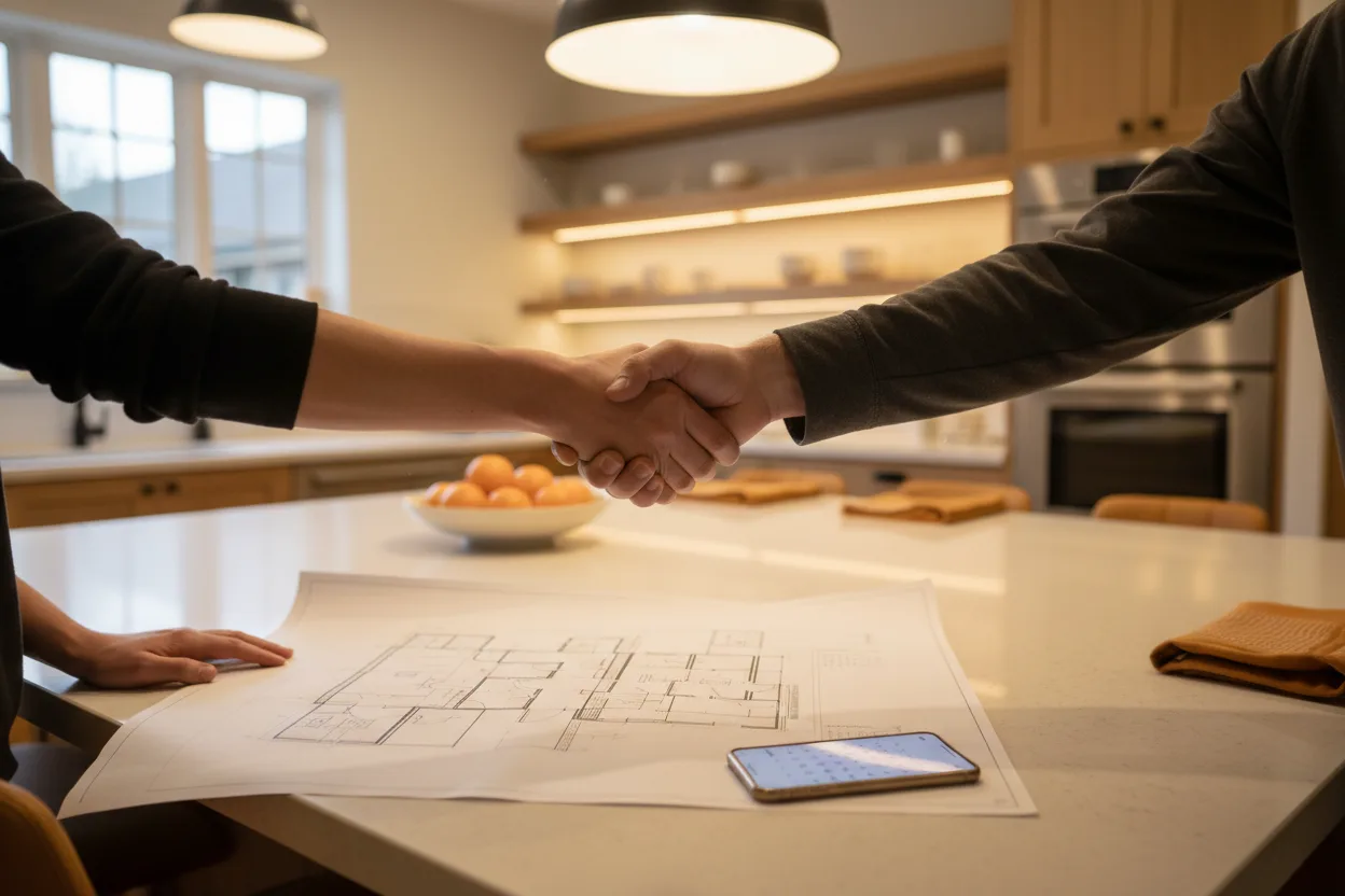 Remodel consultation handshake at a kitchen island with plans open
