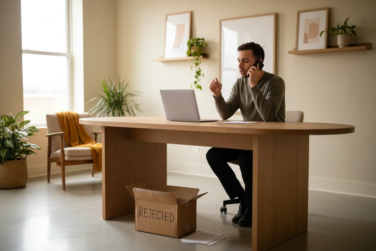 Remodel office speed-to-lead call with owned search laptop open and a rejected lead-pack box on the floor