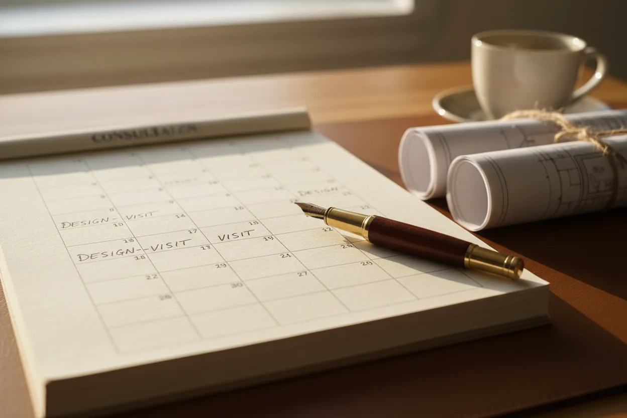 Consultation calendar filled with design-visit appointments on a remodel firm desk