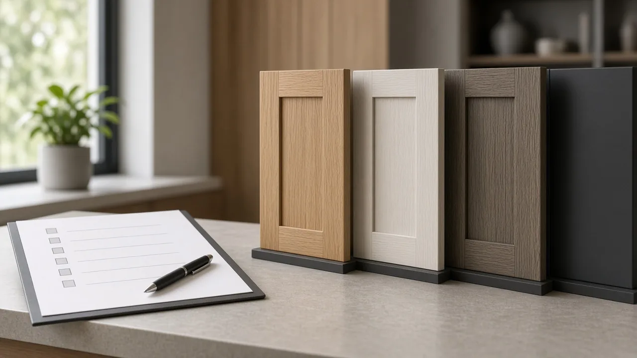 Entity clarity checklist beside cabinet sample doors on a store counter