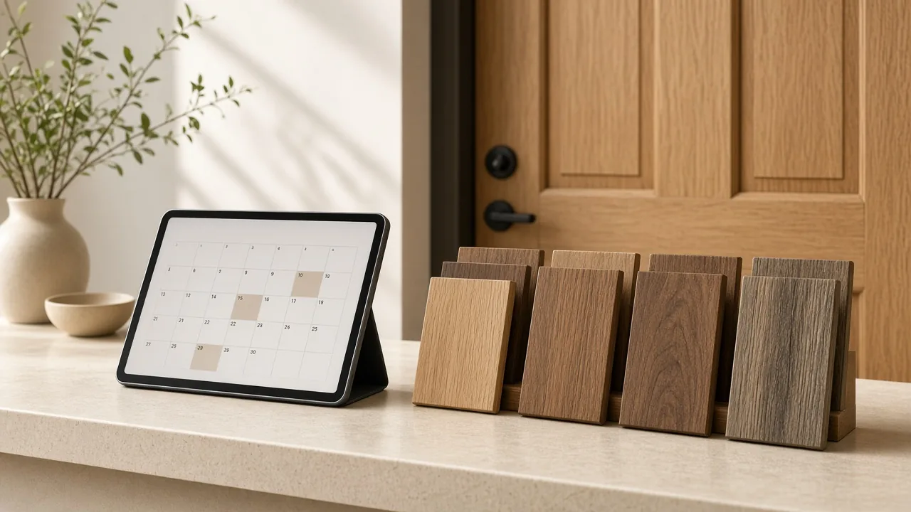 Booked design-visit calendar beside wood door samples on a cream store counter
