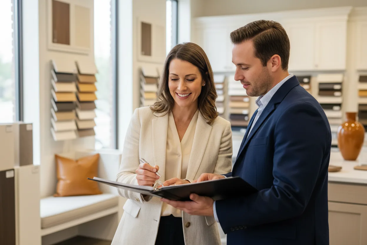 Kitchen-and-bath specialist consultant reviewing a checklist with a remodeler beside sample boards