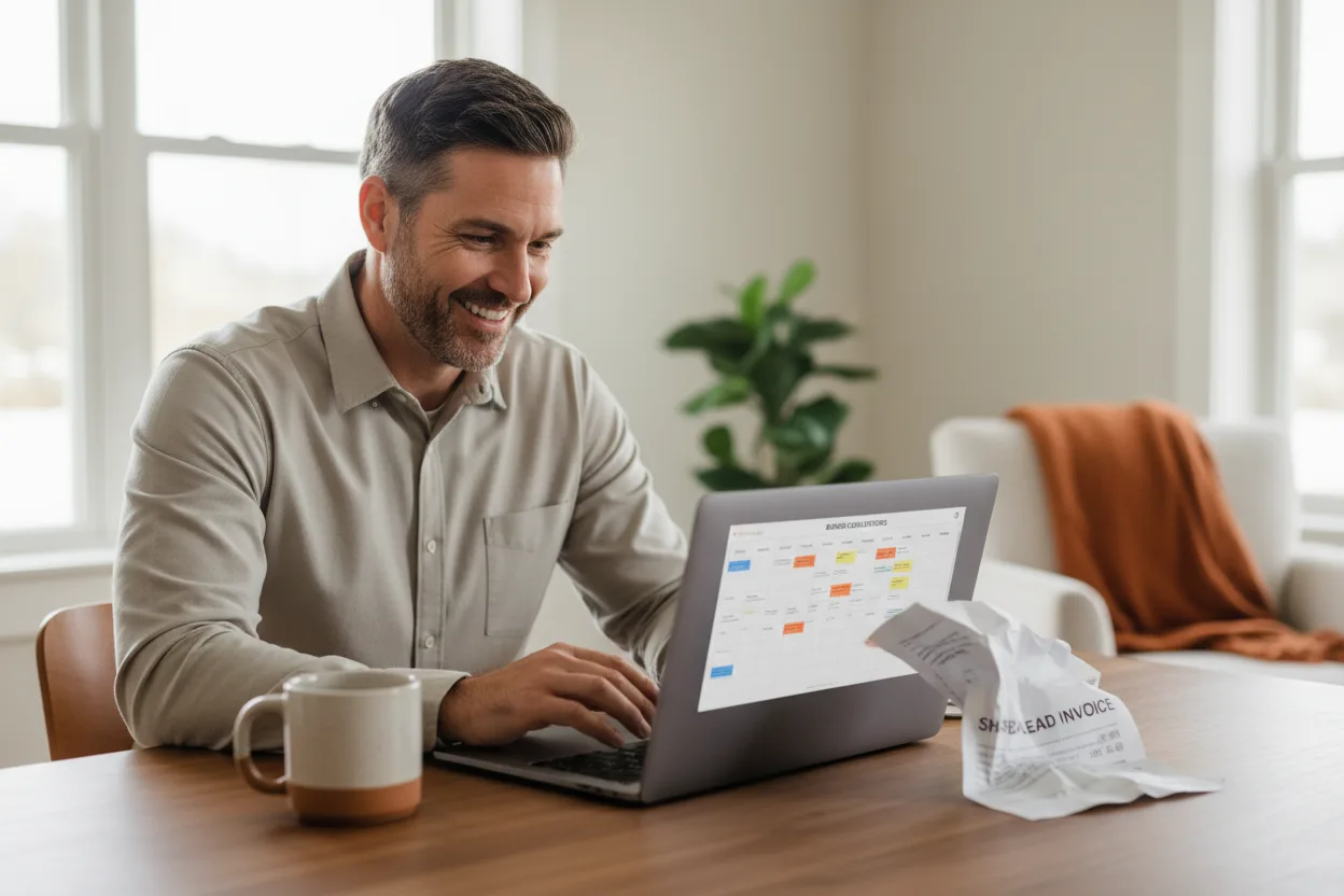 Remodeler reviewing booked consultations in a CRM while a shared-lead invoice sits aside