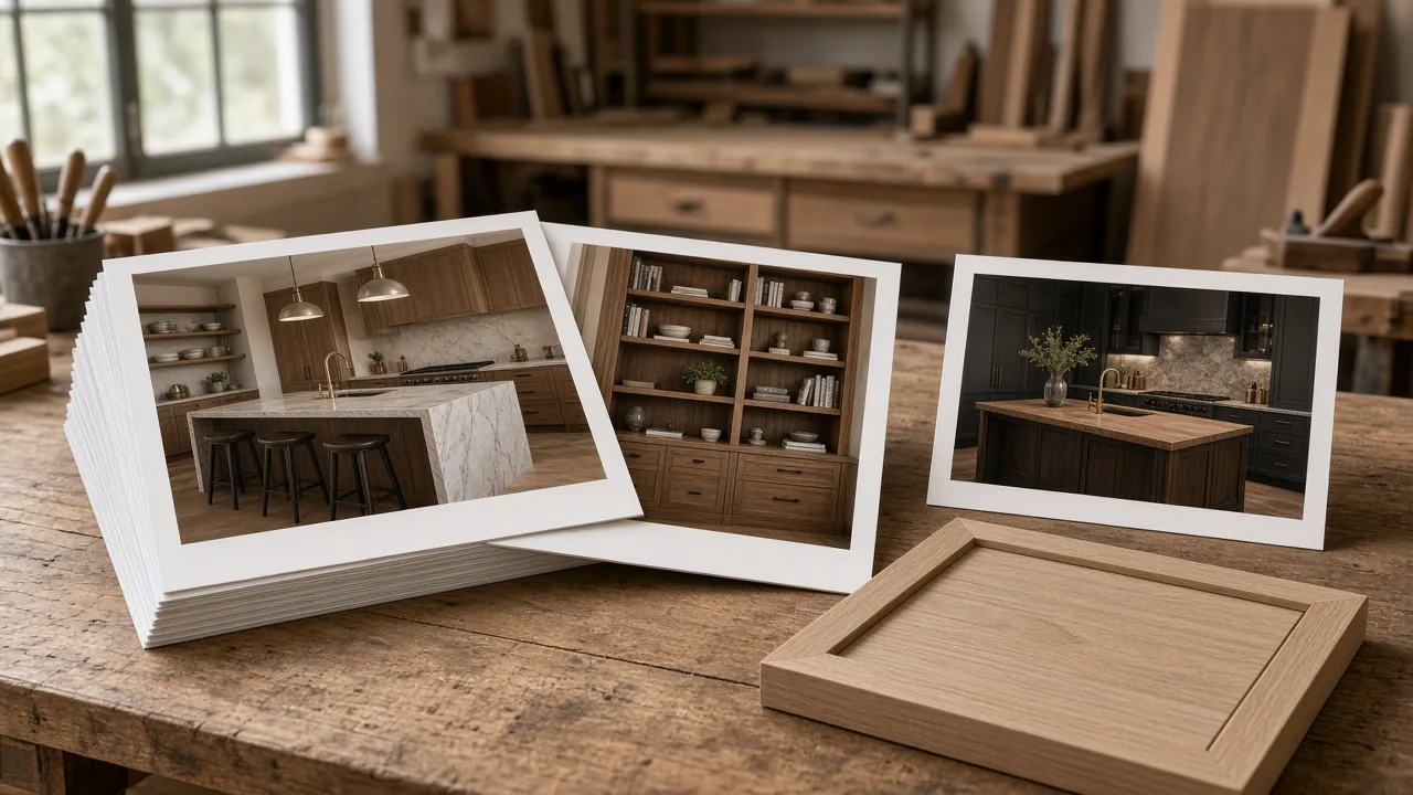 Portfolio and project pages as high-leverage content for custom cabinet makers — proof that books showroom visits