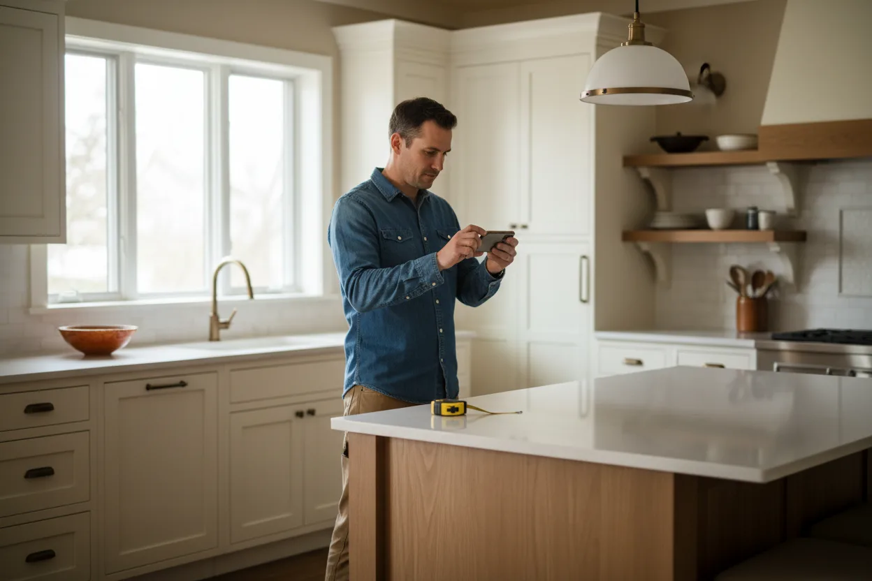 Remodeler photographing a finished kitchen on a job site for an owned service page