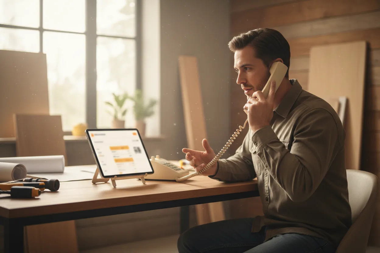 Remodeler taking organic inbound calls while a tablet shows paid ads as a temporary bridge