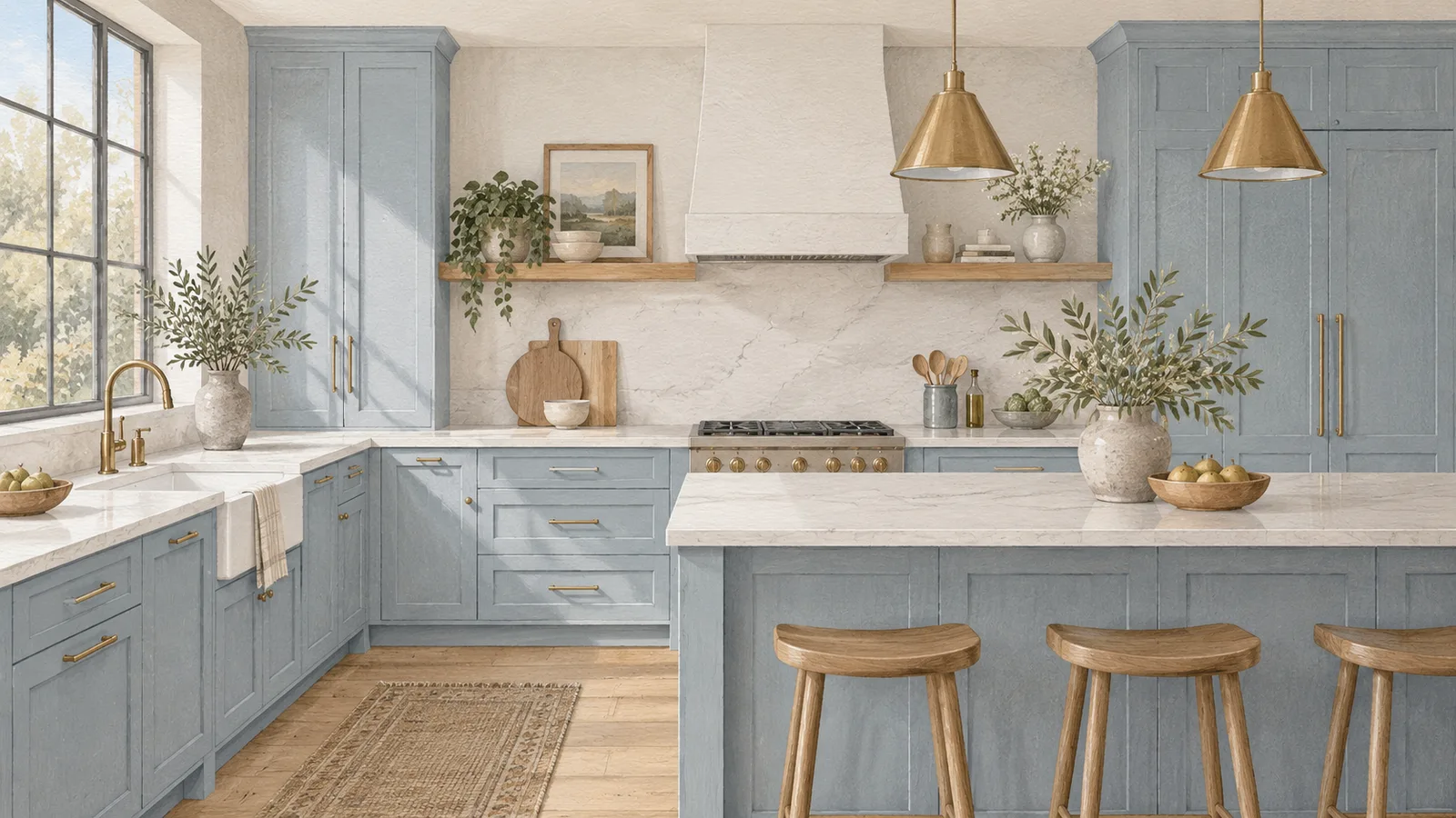 AI-generated illustration of a light-blue kitchen, not a NextDAY Cabinets product or project