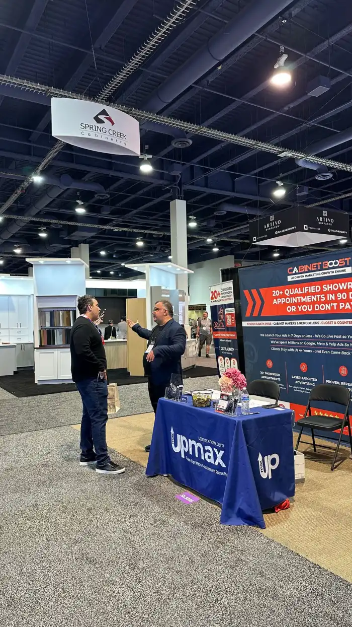 Wide view of CabinetBoost Booth SL3205 at KBIS 2025, Las Vegas Convention Center, day two — show floor activity