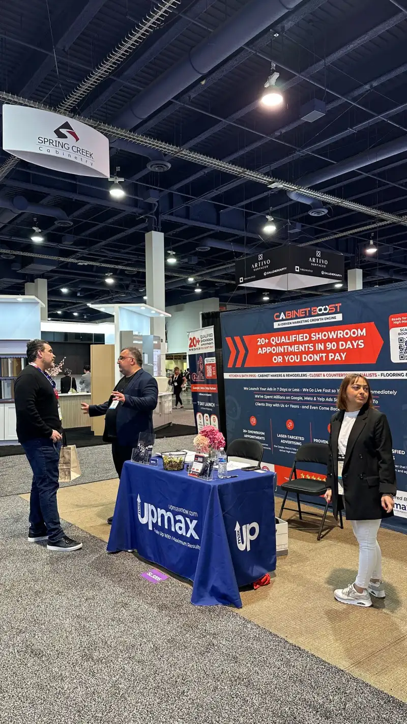 CabinetBoost exhibitor space at KBIS 2025 Las Vegas, Booth SL3205 — active show floor with multiple visitors
