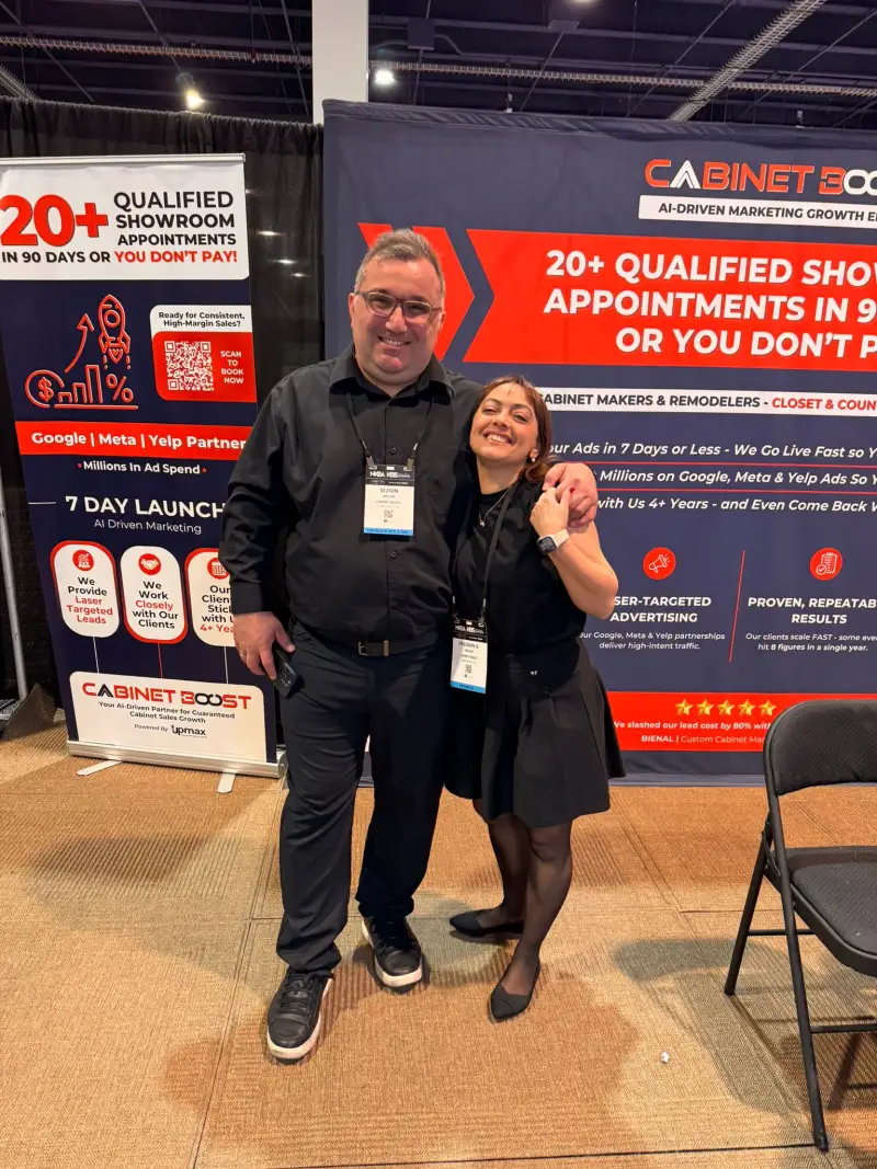 CabinetBoost team at Booth SL3205, KBIS 2025 Las Vegas, February 26, 2025 — Sezgin Arslan and colleague at the booth