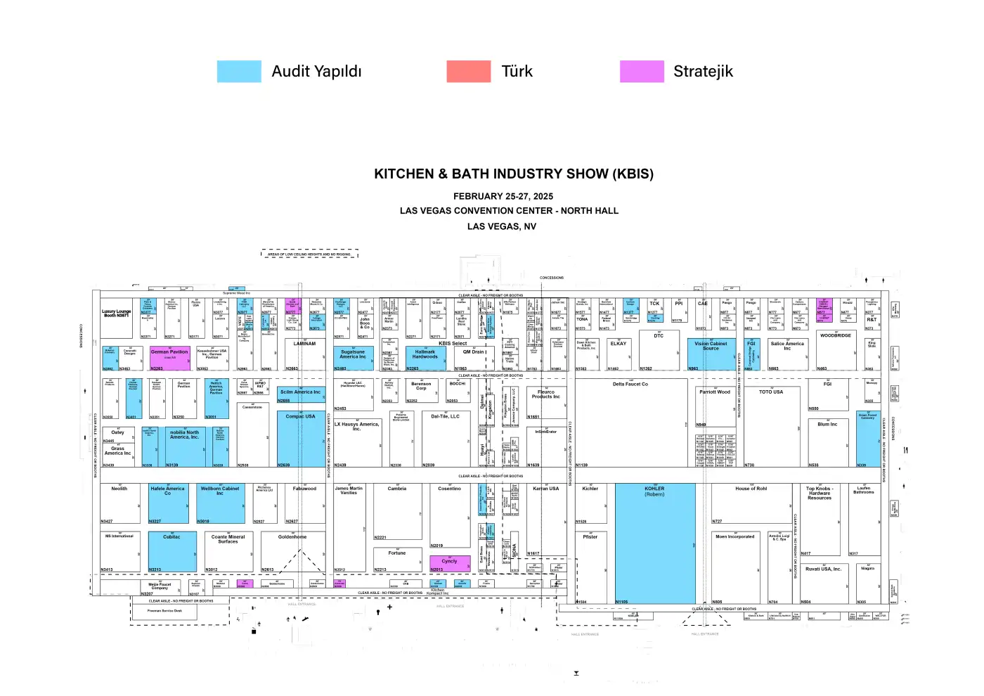 KBIS 2025 North Hall colored floor plan — booth map from the Las Vegas Convention Center