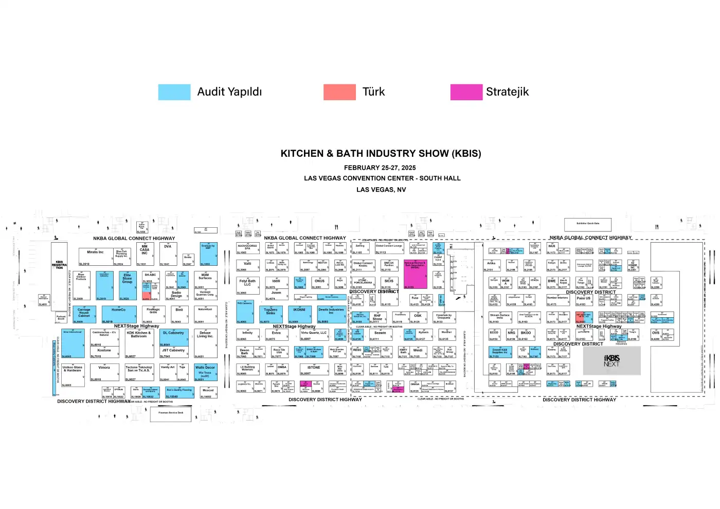 KBIS 2025 South Hall colored floor plan — booth map from the Las Vegas Convention Center