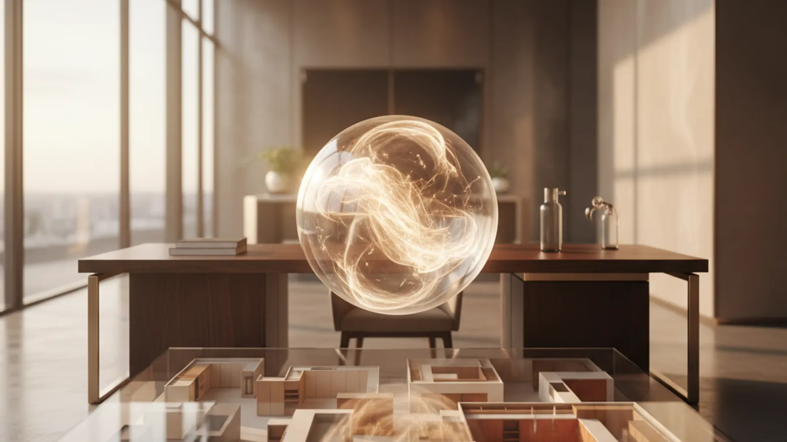 A soft glowing AI concept over a cabinet showroom floor plan