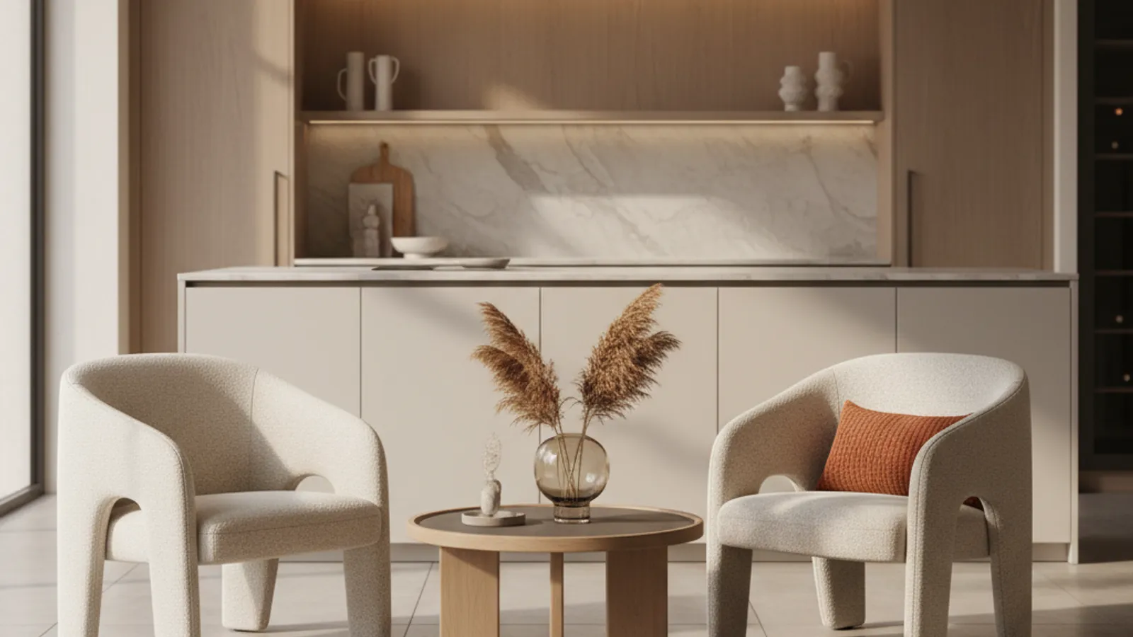 A calm agency meeting setup in a bright kitchen showroom