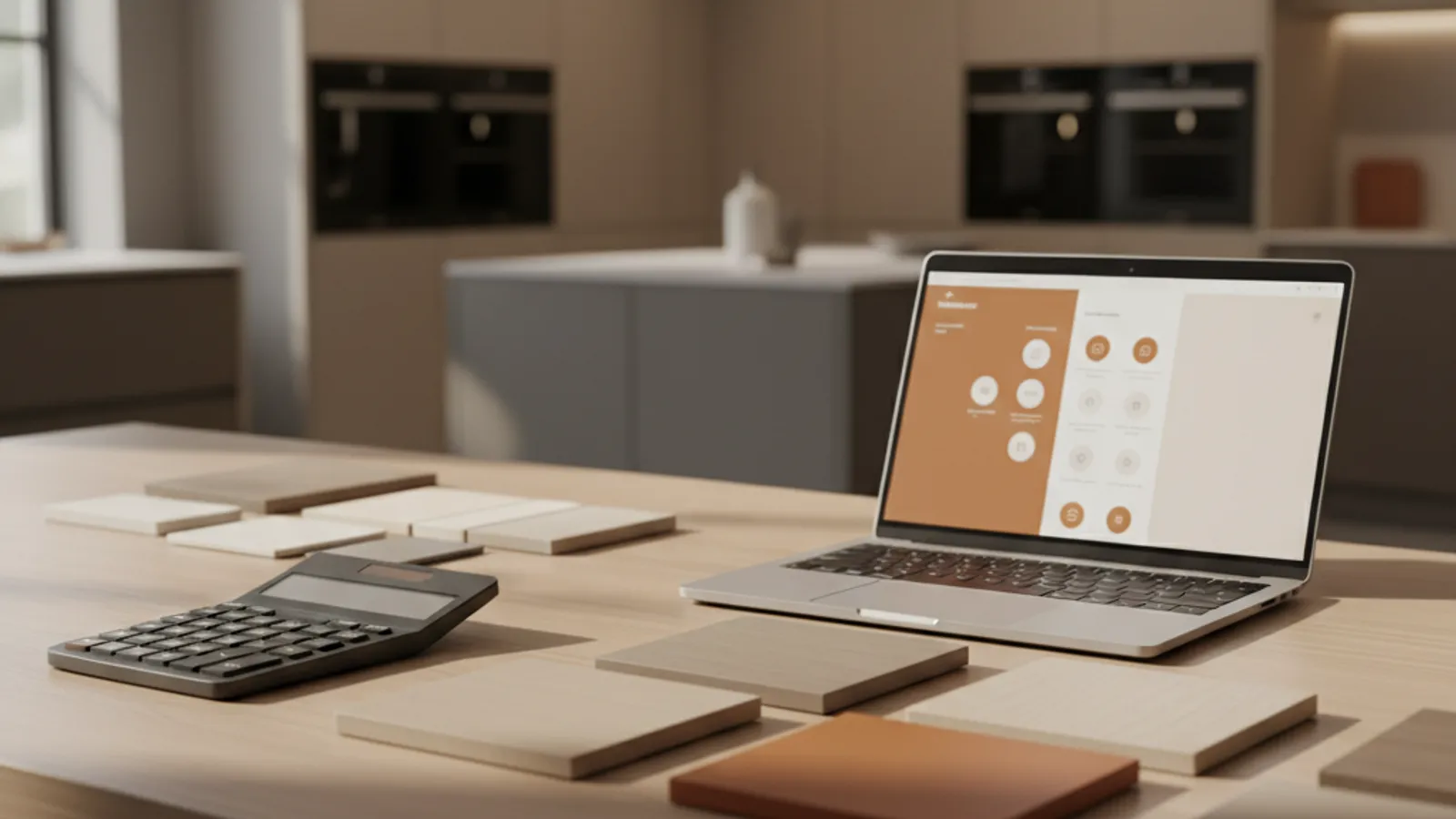Showroom sales desk with a calculator, cabinet swatches and a lead dashboard
