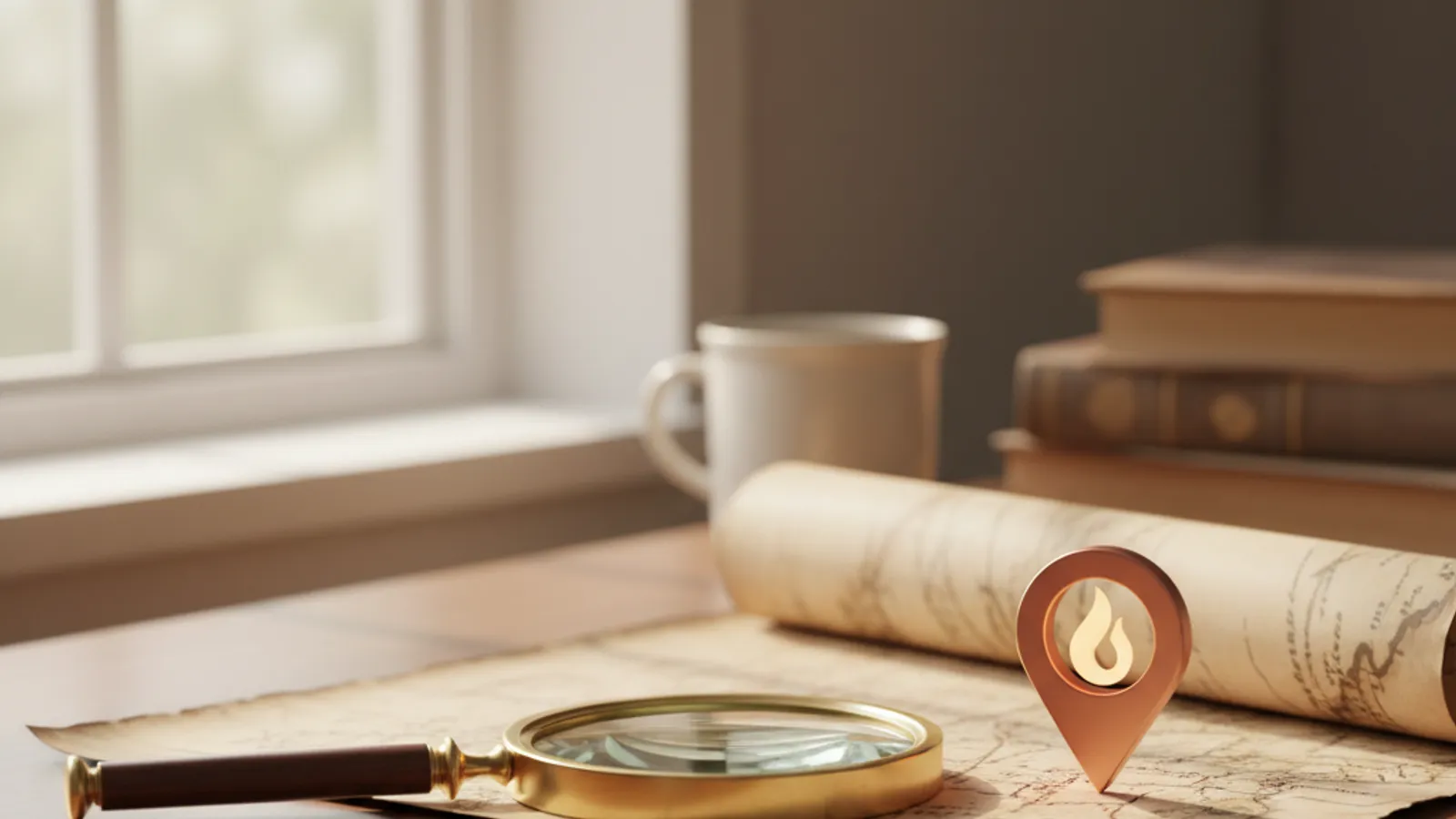 Local-search concept: a magnifying glass beside a map pin on a warm desk