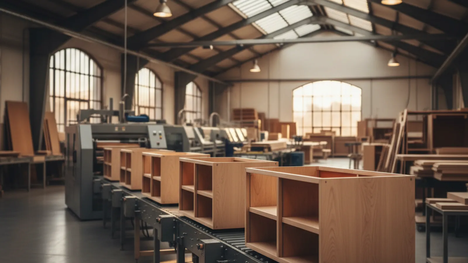 Assembled cabinet boxes on a production line under warm skylights