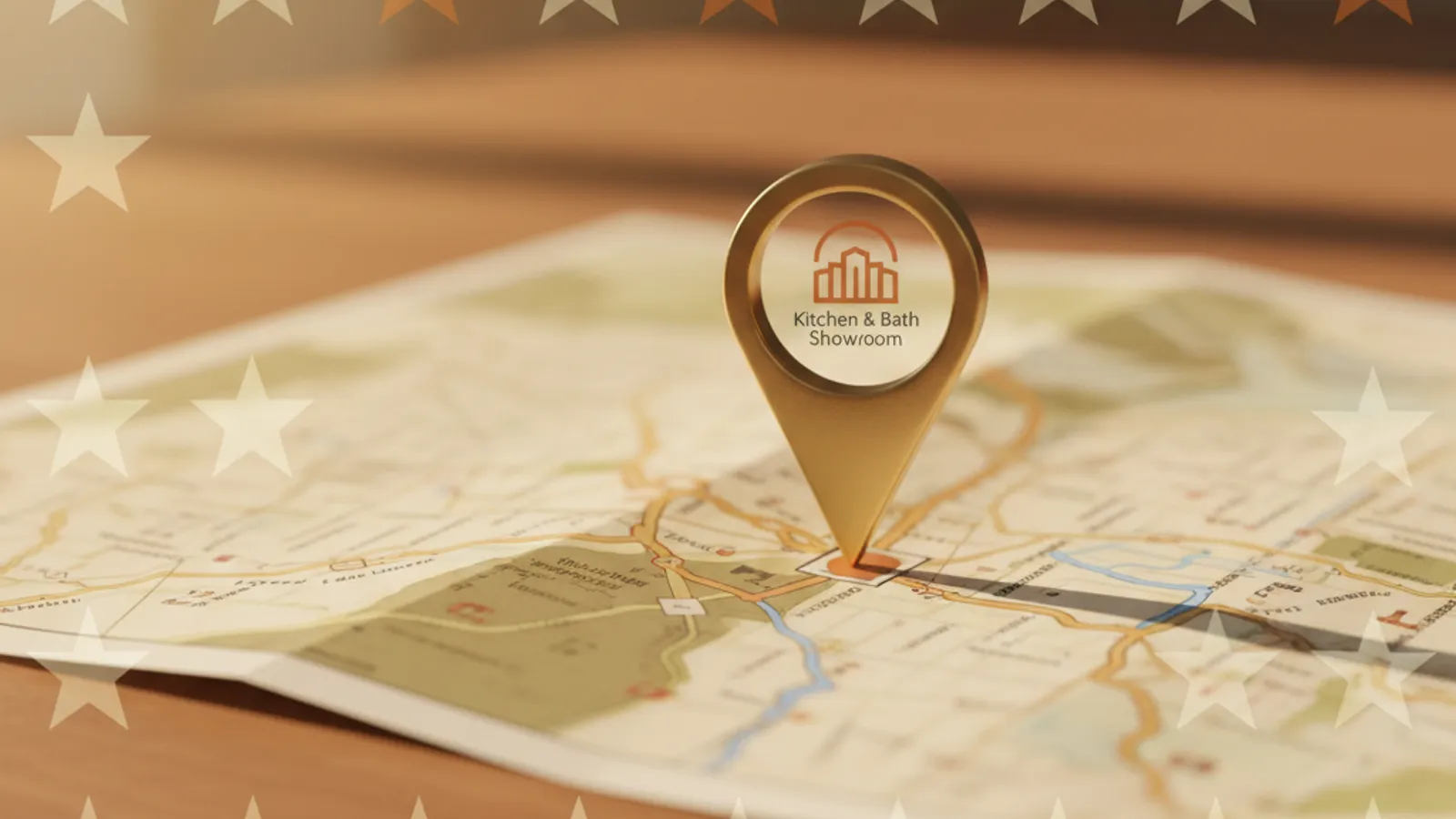 Local map with a pin on a kitchen and bath showroom, local-SEO concept