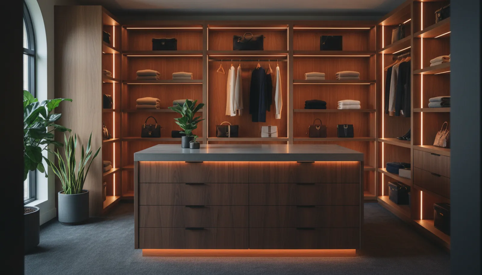 Custom walk-in closet with organized shelving and warm lighting
