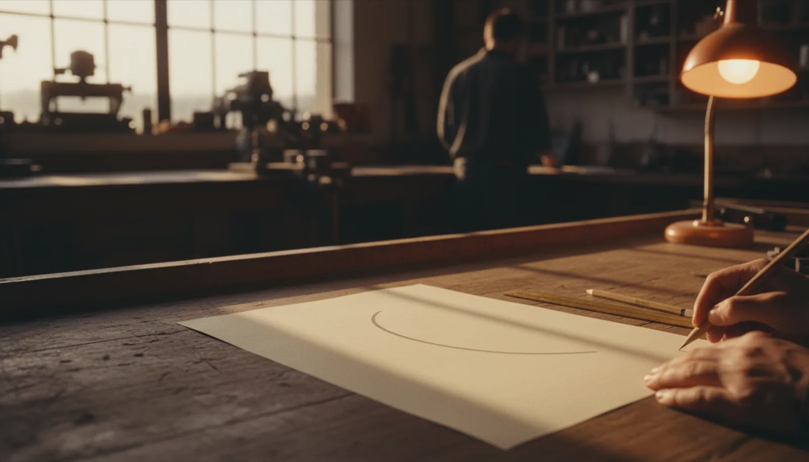 Warm lamplight falling across a single hand-drawn rising curve on paper on a workbench