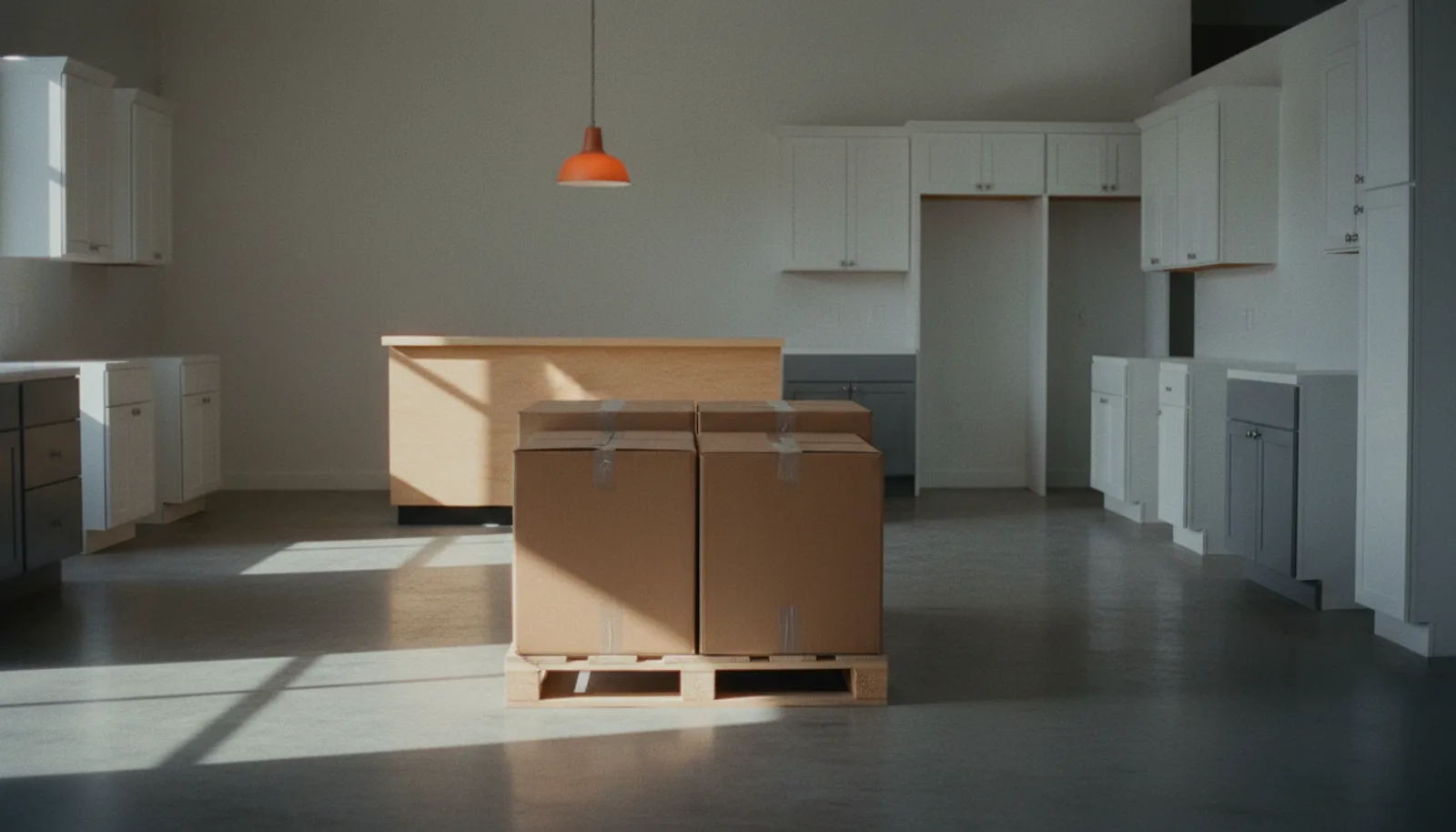 A budget cabinet store sales floor with flat-pack cartons stacked on a pallet