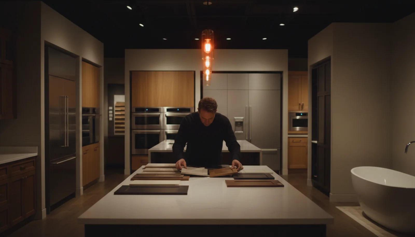 A designer seen from behind arranging cabinet door samples on a lit island in a kitchen and bath showroom
