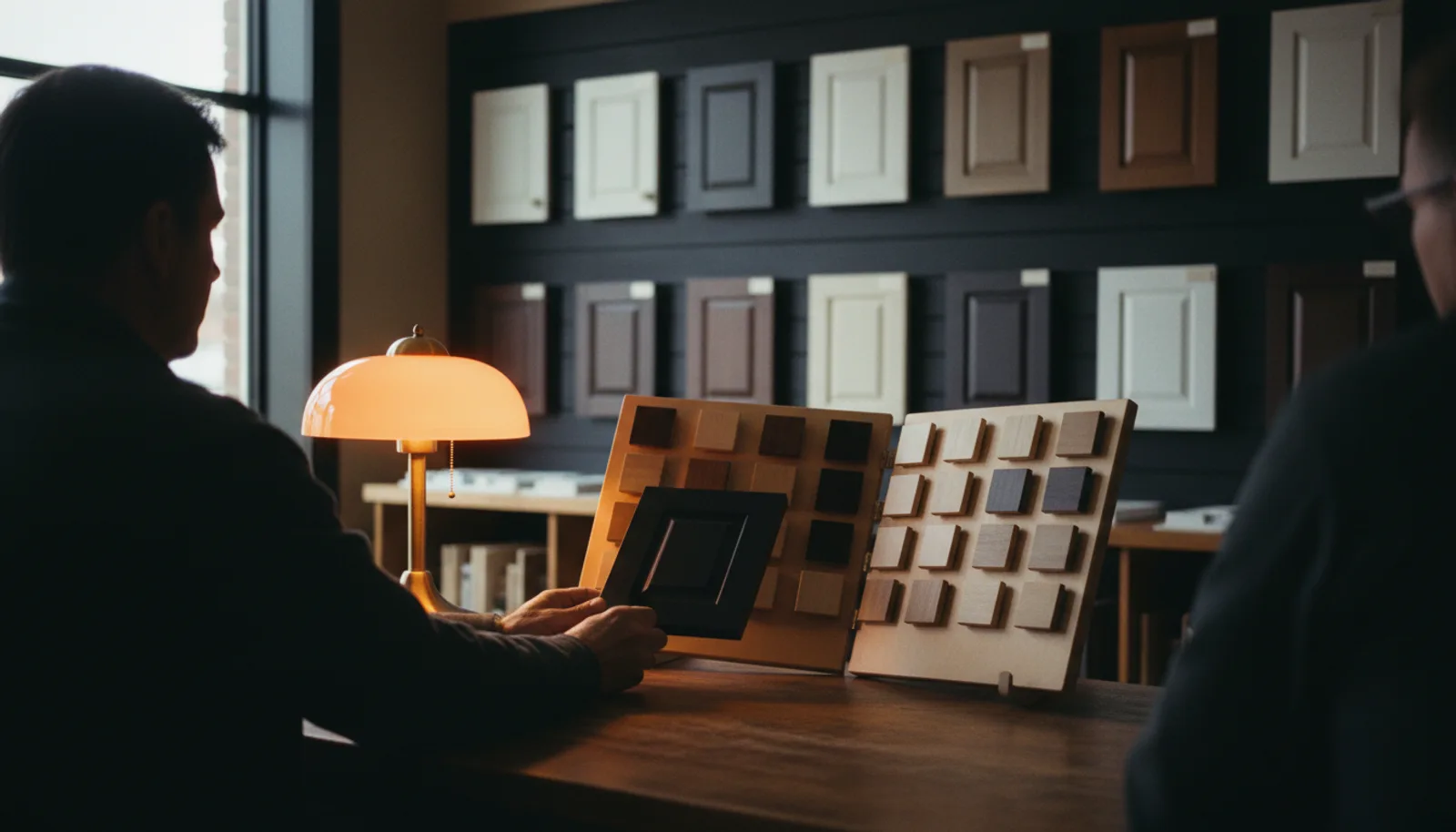 A dealer’s hands turning a cabinet door sample on a worn sales counter under a warm lamp