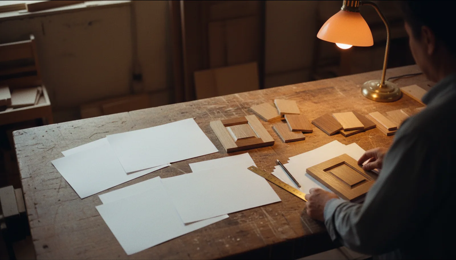 Blank paper sheets and cabinet door samples arranged on a workbench under a task lamp