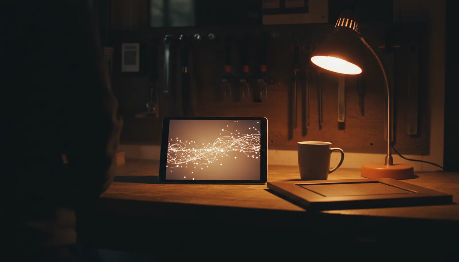 A tablet on a workshop desk at night, its screen glowing with abstract connected points of light