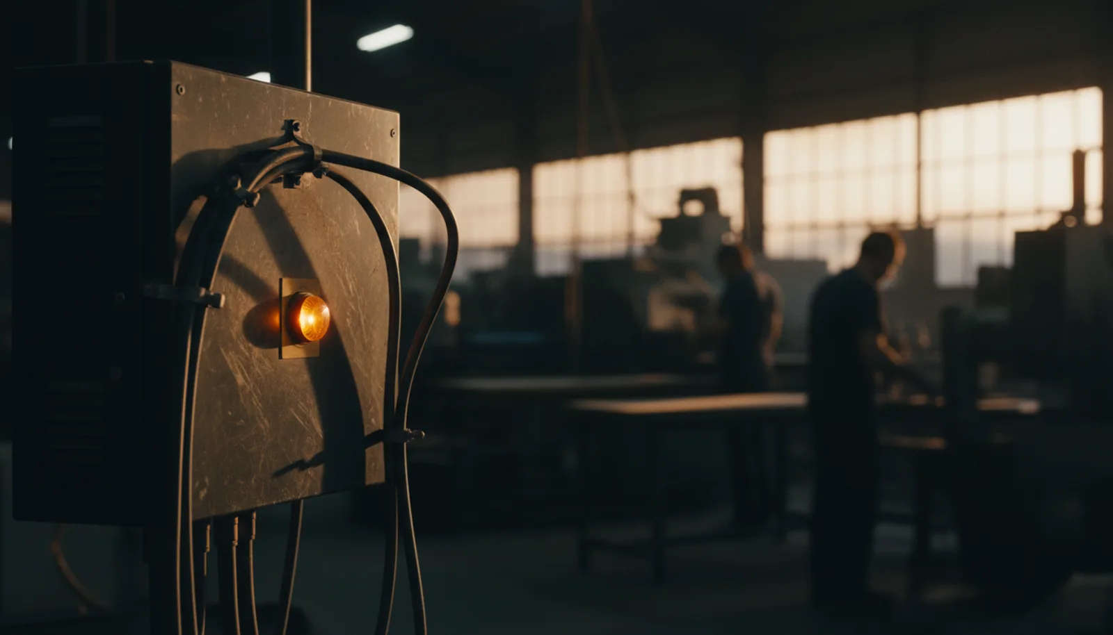 Cables and conduits routed neatly into a dark machine panel with one orange indicator light