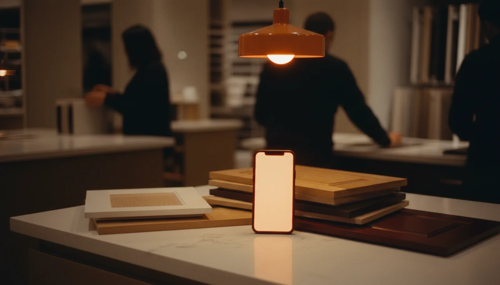 A phone propped against cabinet door samples on a showroom counter, its screen glowing warm