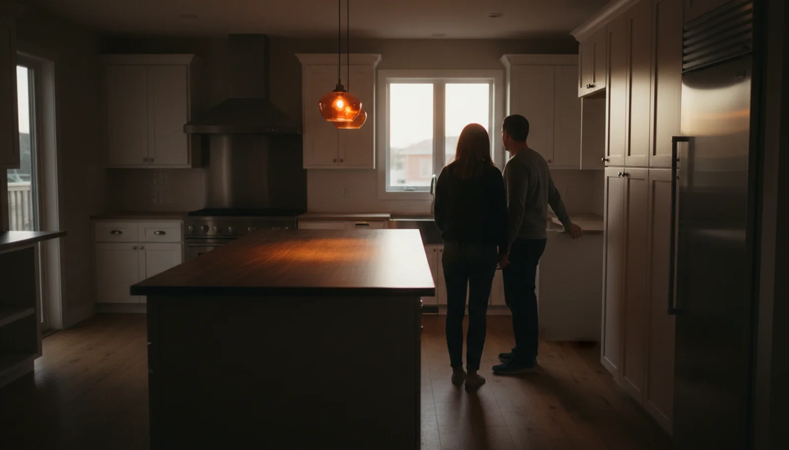 A couple seen from behind in a finished kitchen at evening, opening a new cabinet door