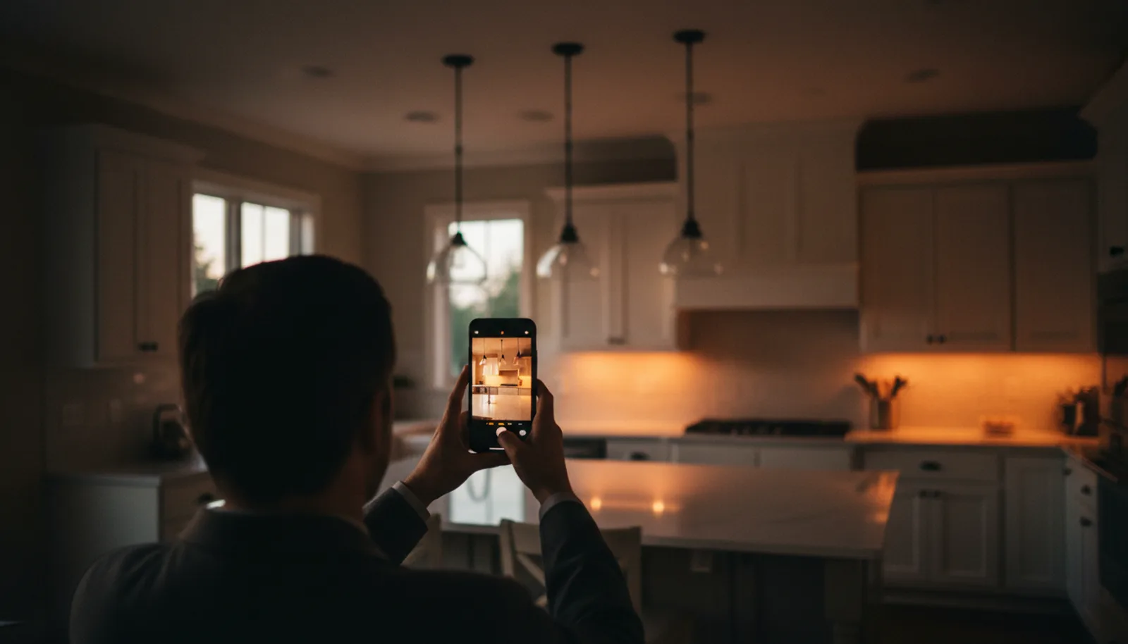 A person seen from behind photographing a finished kitchen with a phone under warm pendant light