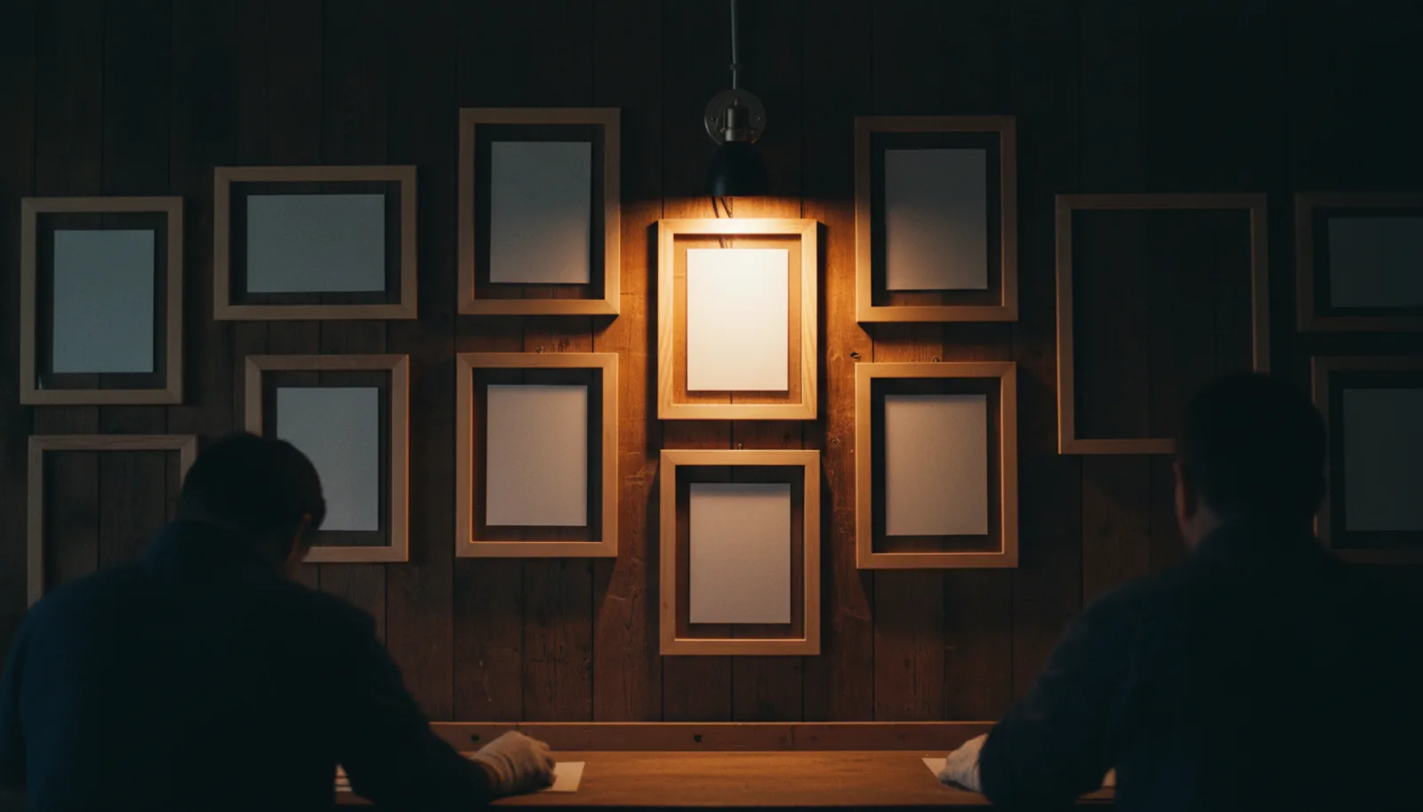 A wall of blank framed prints in a dark workshop, one frame lit by a warm picture light