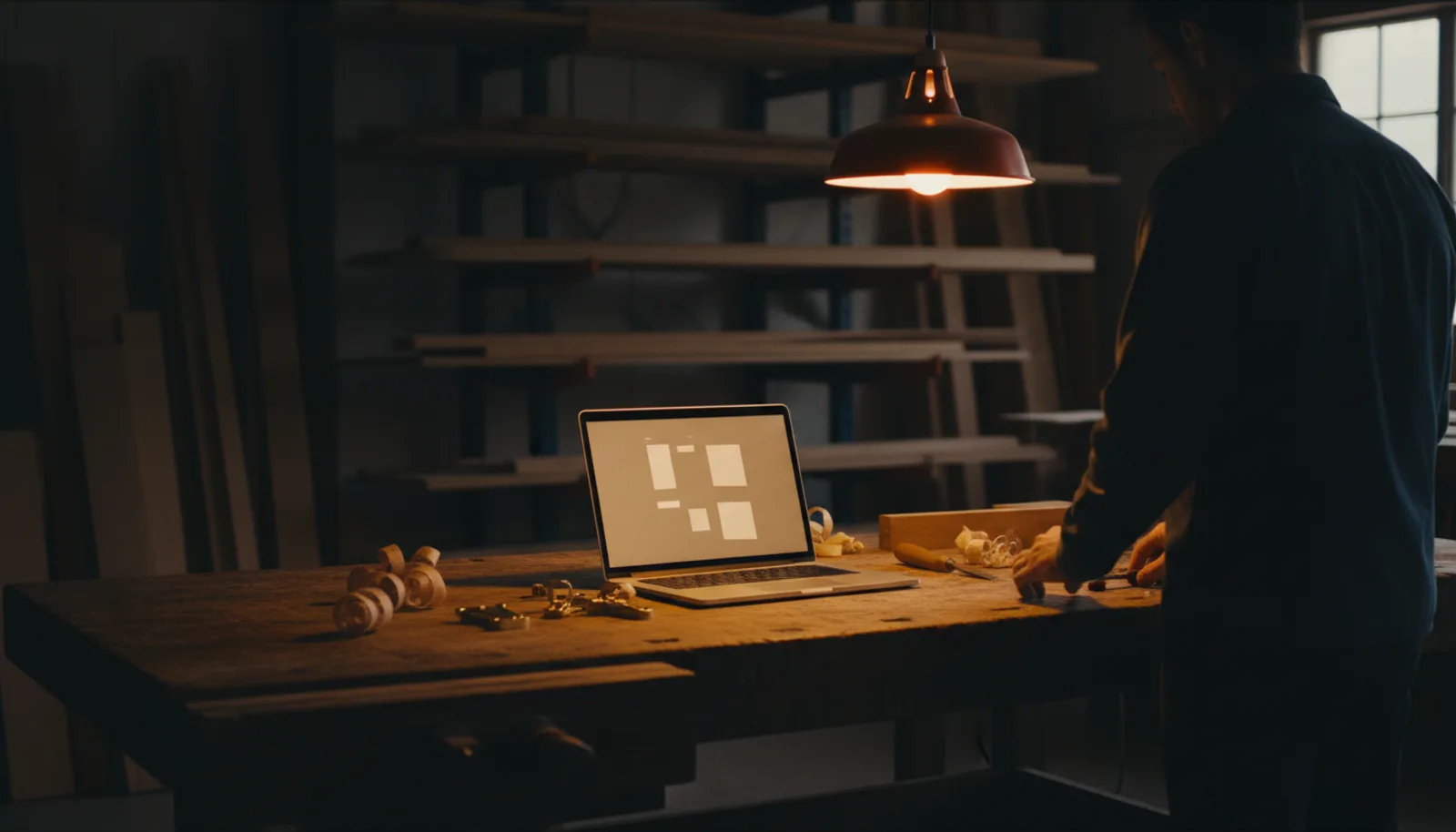 A laptop glowing on a workshop bench beside cabinet hinges, a chisel and wood shavings