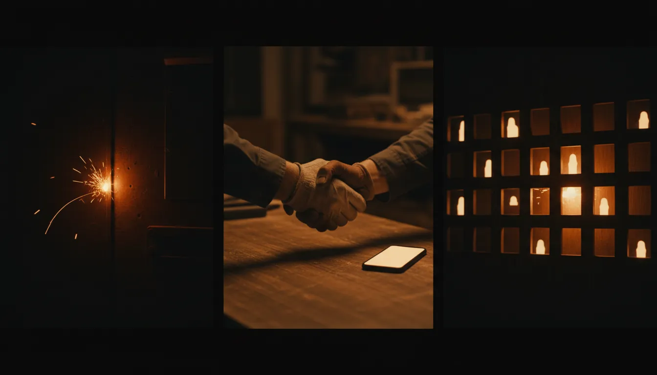 Three-panel scene in warm light: a struck spark, a handshake over a desk with a lit phone, and a wall of small glowing calendar cells