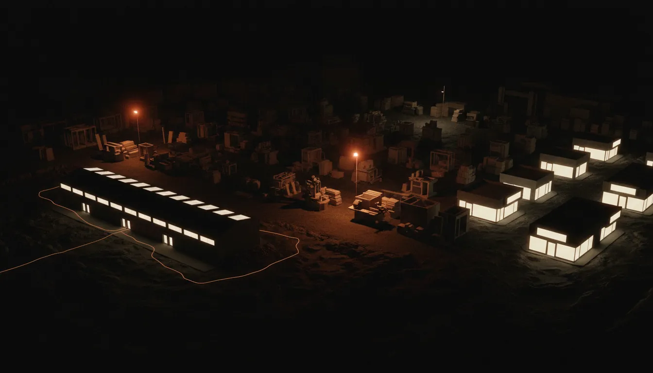 Miniature night scene: a lit distribution warehouse with pallet stacks in the yard and an orange route tracing toward a cluster of glowing dealer storefronts