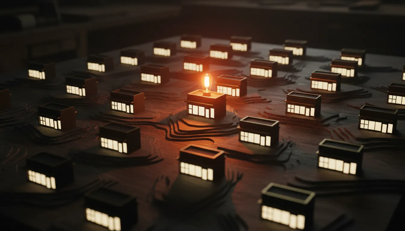Miniature tabletop map: a grid of identical lit franchise storefronts across dark terrain, one central location glowing brighter than the rest