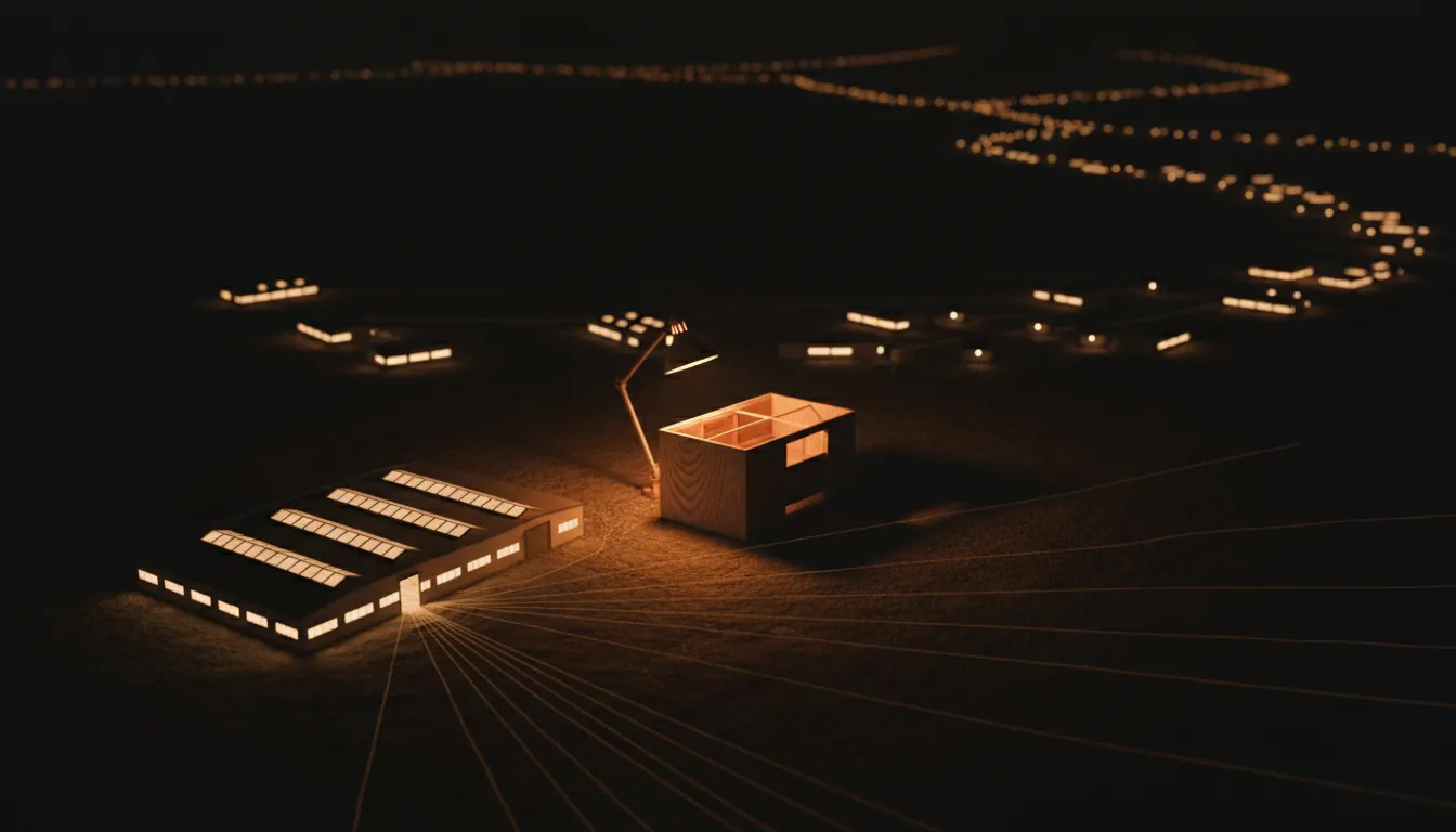 Miniature night scene: a lit cabinet factory radiating thin routes across a dark plain to rows of distant dealer storefronts