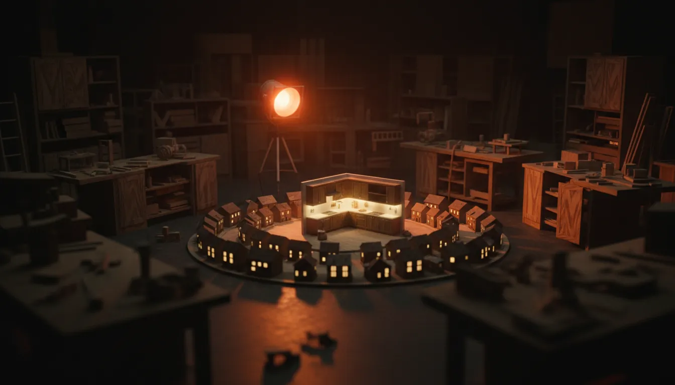 Miniature workshop scene: a lit kitchen showroom model under a warm spotlight, ringed by small glowing houses drawn in around it
